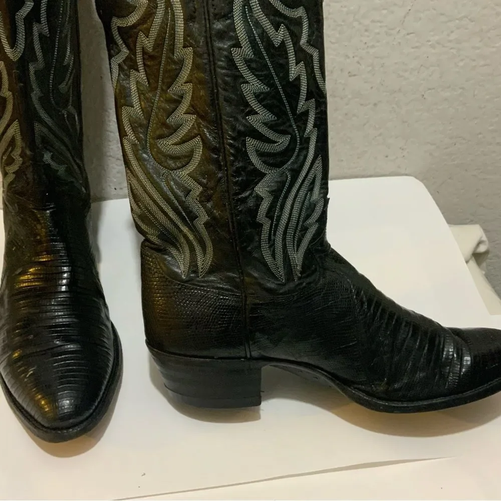 Justin Lizard Skin Leather Cowboy Western Boots Men's 9.5 D Black USA 8313